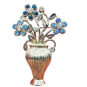 Vintage Silver Tone Vase Brooch Pin With Blue & Clear Rhinestone Floral Design